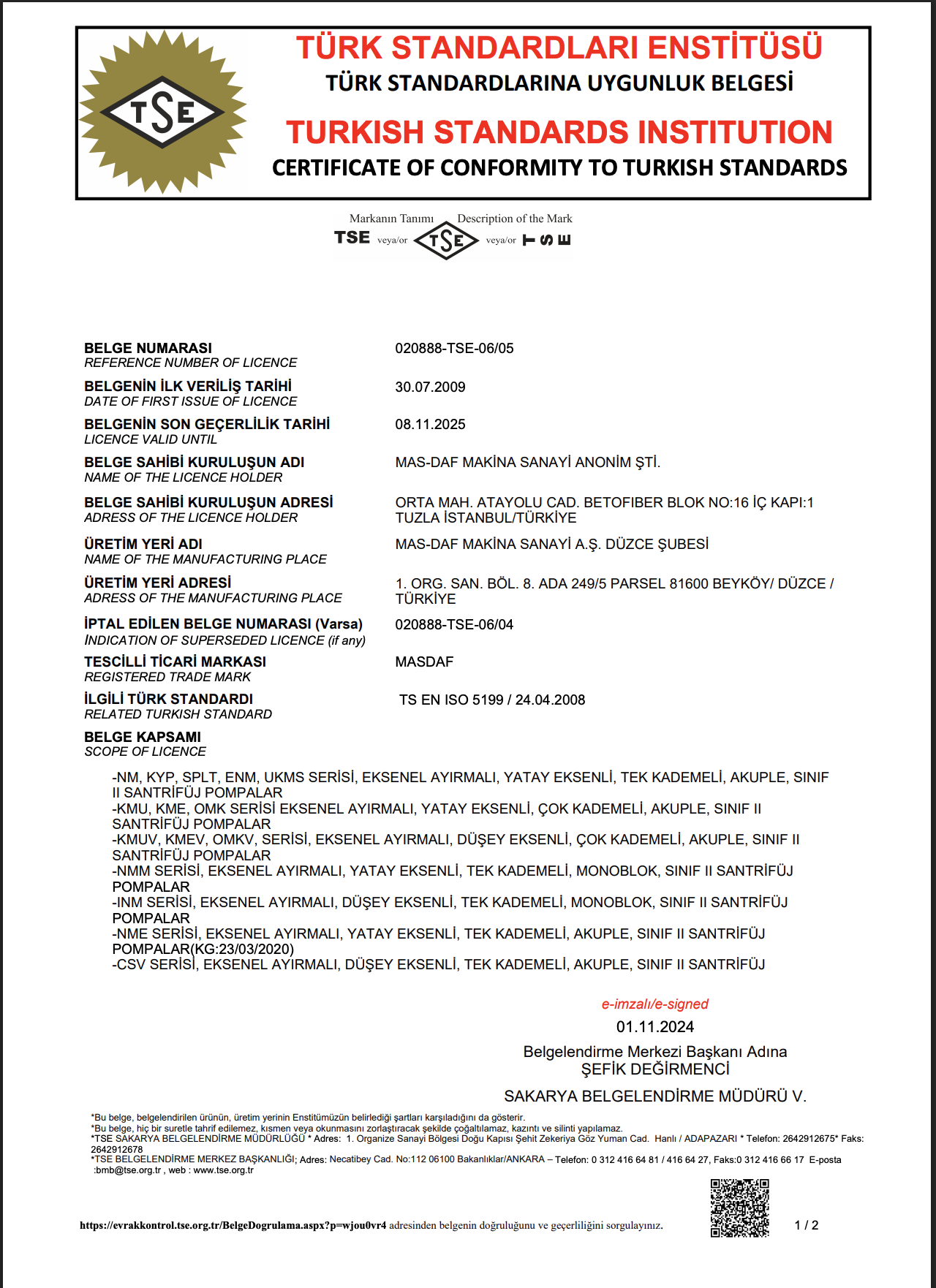 TSE Santrifüj Pompa Sınıf 2 / TSE 5199