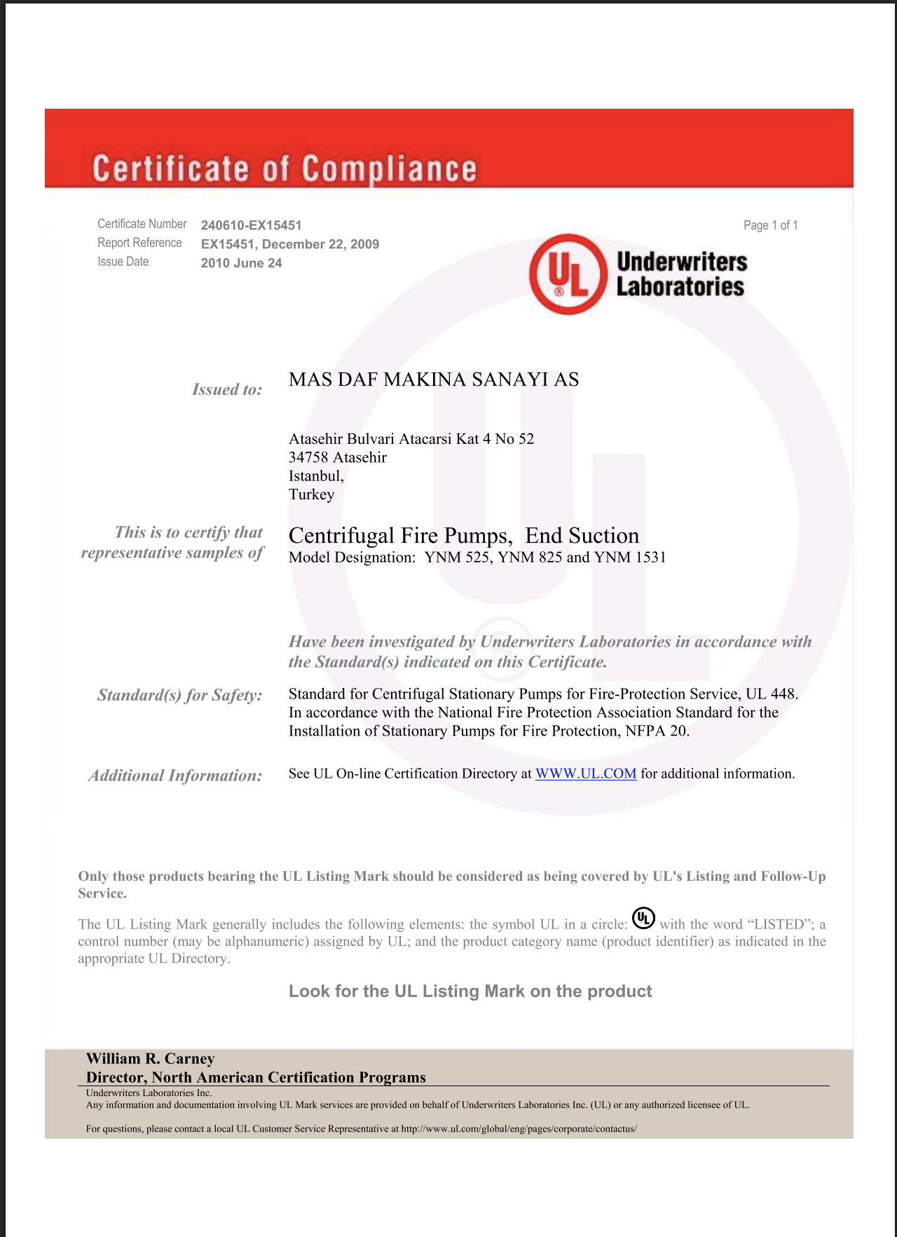 UL Belgesi Uçtan Emişli Pompalar