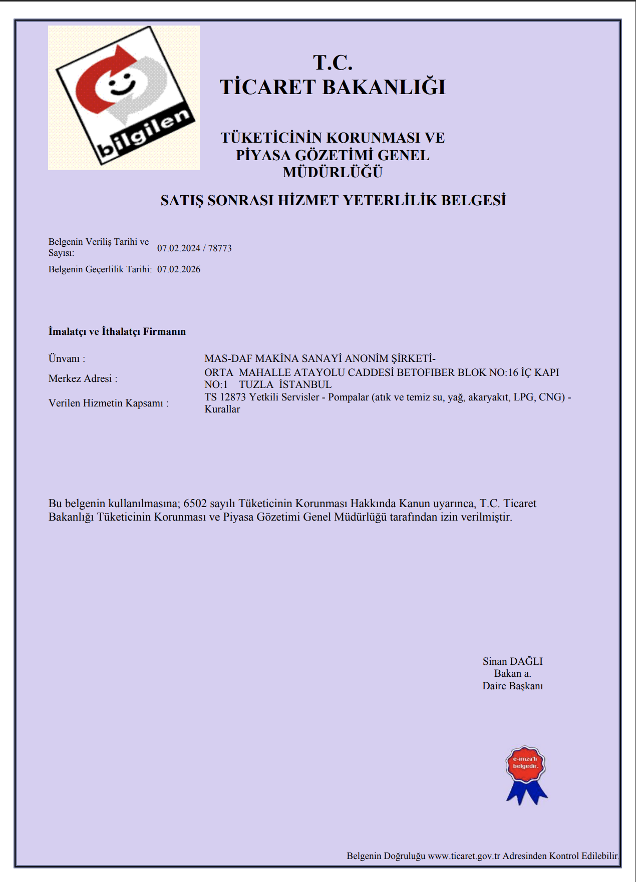 Satış Sonrası Hizmet Yeterlilik Belgesi – TS12873