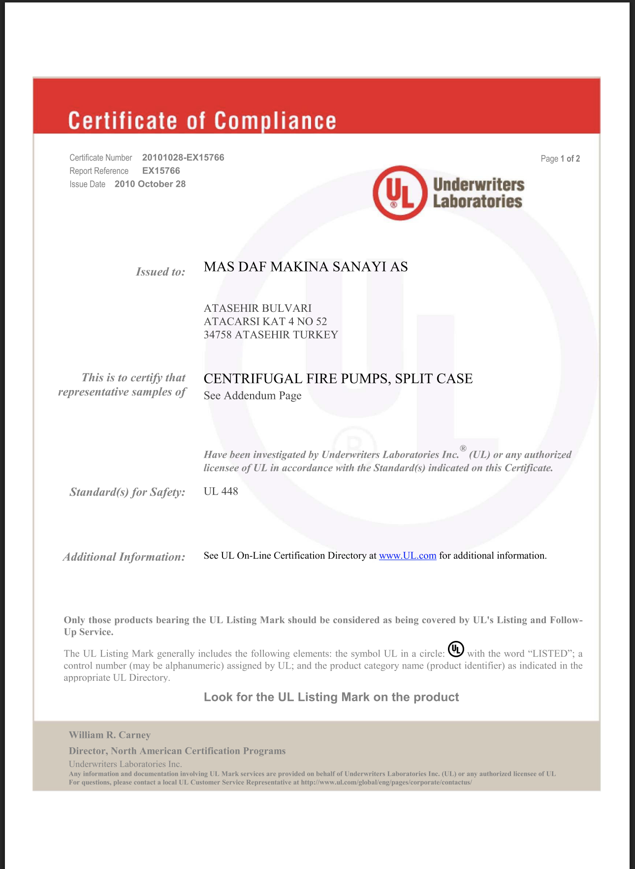 UL Belgesi Ayrılabilir Gövdeli Pompalar